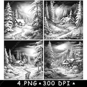 Hut Kerstmis Winter Besneeuwd Rustiek Vintage Vakantiescène Laserbestand Onderzetter Branden grijstinten leisteen PNG-afbeelding graveren zwart wit etsen CO2 CNC