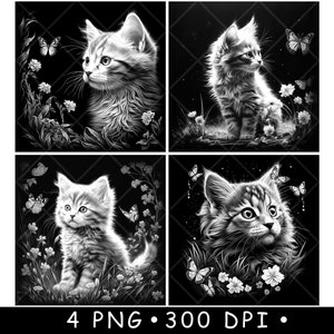 Katze Kätzchen Schmetterling Kitty Pussycat Blumen Garten Spielen Laser Untersetzer Brennen Graustufen Schiefer PNG Bild Gravieren Schwarz Weiß Etch CO2 Cnc