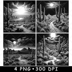 Saguaro Sonora Desert Cactus Paysage Scène Laser PNG Ardoise Dessous de verre gravure sur bois Noir blanc Cnc, Glowforge, LightBurn, Diode CO2, xtool