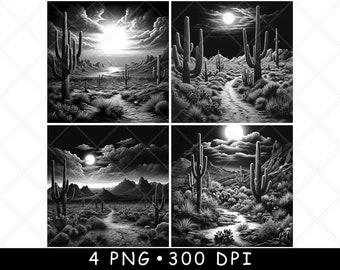 Saguaro Sonoran Desert Cactus Landscape Scene Laser PNG Slate Coaster Etch Wood burn Black White Cnc,Glowforge,LightBurn,CO2 Diode,xtool