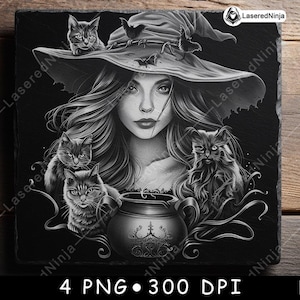 Hexenkessel Hexerei Katzen Fledermäuse Haustiere Magie Halloween Laser Untersetzer Brennen Graustufen Schiefer PNG Bild Gravieren Schwarz Weiß Etch CO2 Cnc