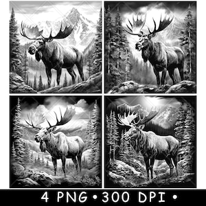 Peut inclure: Quatre illustrations numériques en noir et blanc d'un élan debout dans une forêt de montagne enneigée. L'élan a de grands bois et fait face au spectateur. L'arrière-plan est une chaîne de montagnes enneigée avec des arbres.