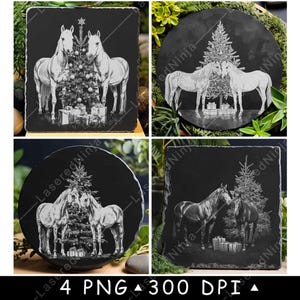 Couple cheval arbre de Noël sapin cadeaux à feuilles persistantes étalon fichier laser dessous de verre graver en niveaux de gris ardoise image PNG graver noir blanc gravure CO2 Cnc