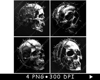 May include: Four black and white images of a human skull with a crown of thorns. The skull is facing forward in each image, but the angle of the skull is slightly different in each image.