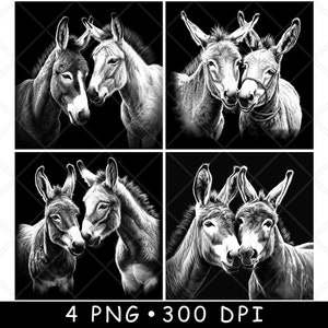 Ezelpaar Burro Muilezel Esel Ass Mini Paard Paar Scène Laserbestand Onderzetter Branden Grijstinten leisteen PNG-afbeelding Graveren Zwart Wit Etsen CO2 Cnc