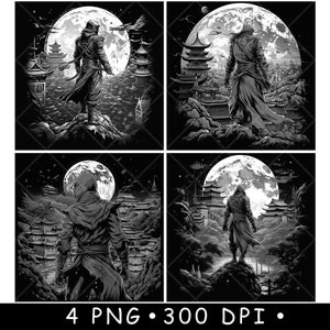 Japan Ninja Medieval Warrior Samurai Assassin Silent Kill Laser File Coaster Burn Grayscale Slate PNG Image Engrave Black White Etch CO2 Cnc