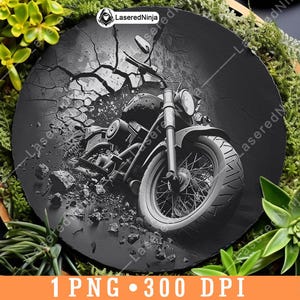 May include: A black and white image of a motorcycle breaking through a cracked surface. The motorcycle has a large front tyre and a detailed design.