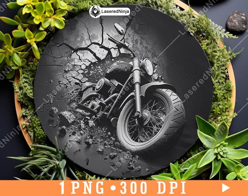 May include: A black and white image of a motorcycle breaking through a cracked surface. The motorcycle has a large front tyre and a detailed design.