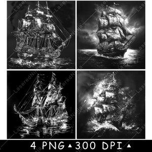 Navire pirate Viking galion navire océan Maritime fichier laser sous-bock graver en niveaux de gris ardoise Image PNG graver noir blanc gravure CO2 Cnc