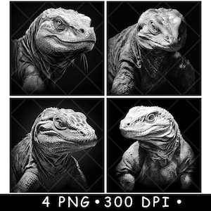Komodo Drachenkopf Exotische Eidechse Reptil Wildtiere Jäger Laser Untersetzer Brennen Graustufen Schiefer PNG Bild Gravieren Schwarz Weiß Etch CO2 Cnc
