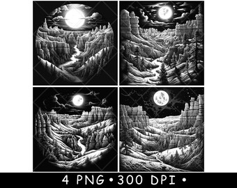 May include: A set of four black and white digital illustrations depicting canyon landscapes under a full moon. Each scene features rocky formations, pine trees, and a winding river. The text at the bottom reads 4 PNG 300 DPI.