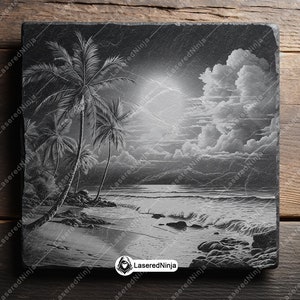 May include: A black and white engraved slate coaster featuring a palm tree and beach scene. The scene includes a palm tree, ocean waves, and a cloudy sky.