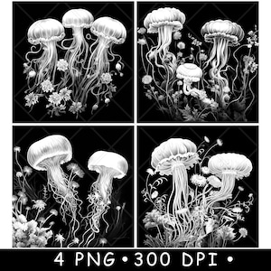 Kwallen Bioluminescent Zee Oceaan Marien Wezen Bloemen Laserbestand Onderzetter Branden Grijswaarden leisteen PNG-afbeelding graveren zwart wit etsen CO2 CNC