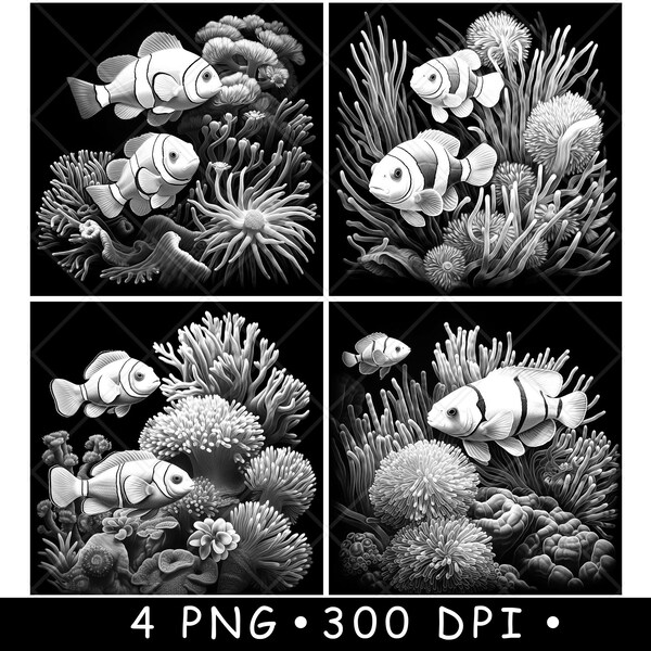 Clownfish Sea Anemone Coral Reef Marine Pet Scene Laser PNG Slate Coaster Etch Wood Burn Black White Cnc,Glowforge,LightBurn,CO2 Diode,xtool