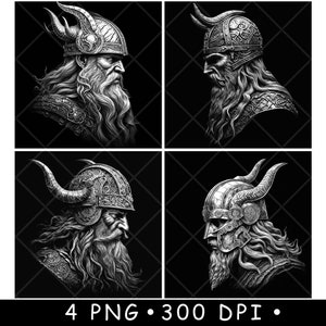 May include: Four black and white digital illustrations of a Viking warrior wearing a horned helmet. The warrior is depicted in profile, with a long beard and a fierce expression.