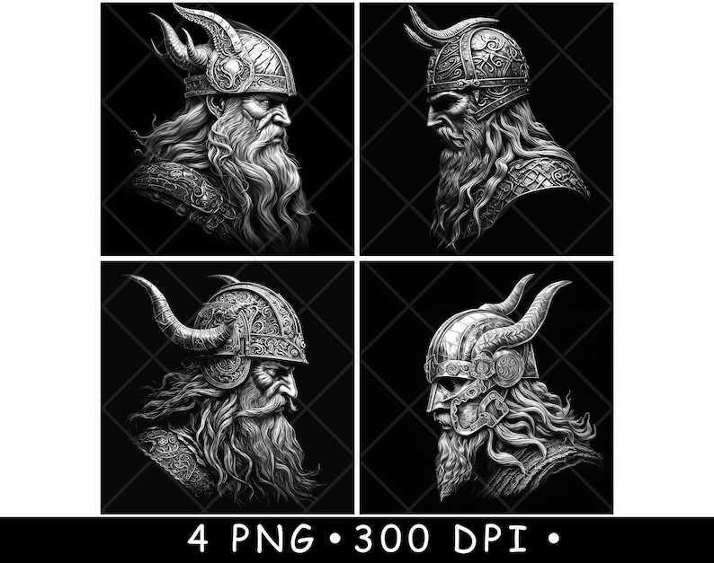 May include: Four black and white digital illustrations of a Viking warrior wearing a horned helmet. The warrior is depicted in profile, with a long beard and a fierce expression.