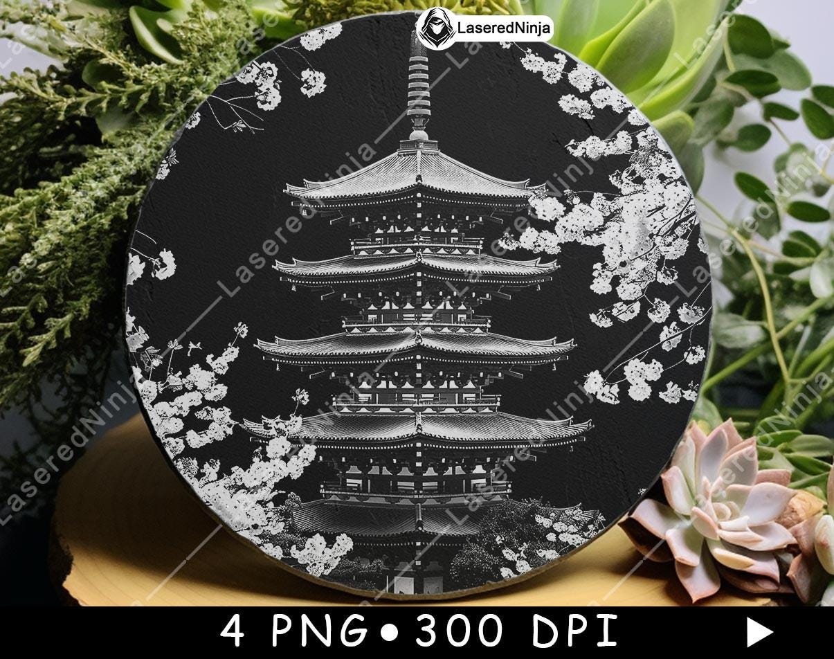 Japanese Pagoda Cherry Blossoms Zen Garden Sakura Temple Laser