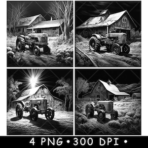 Grange rustique ferme, vieux tracteur, ranch, scène terrestre, PNG, laser, ardoise, sous-bocks, gravure sur bois, noir blanc, CNC, Glowforge, LightBurn, Diode CO2, xtool