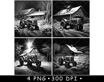 Rustic Barn Farm Old Tractor Ranch Land Scene Laser PNG Slate Coaster Etch Wood burn Black White Cnc,Glowforge,LightBurn,CO2 Diode,xtool