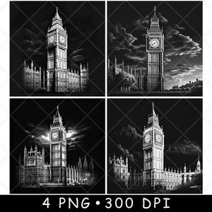 Big Ben Clock Tower London Palace Westminster Groot-Brittannië monument laserbestand Onderzetter branden grijstinten leisteen PNG-afbeelding graveren zwart wit etsen CO2 CNC