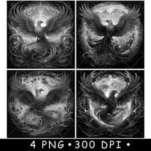 Phoenix Firebird fantastique aile immortelle mythe renaissance flamme fichier laser dessous de verre graver en niveaux de gris ardoise image PNG graver noir blanc gravure CO2 Cnc