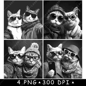 Casal Gato Selfie Elegante Tom Moda Fantasia Par Gatinhos Arquivo Laser Coaster Queimar Tons De Cinza Ardósia Imagem PNG Gravar Preto Branco Gravar CO2 Cnc