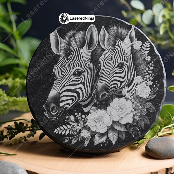 Zebra Couple Floral Head Scene Wildlife Pair Animal Coaster Laser File Slate Etch Engrave Black White PNG Images,Glowforge,LightBurn,CO2,Cnc