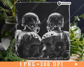 May include: Black and white image of two football players wearing helmets and jerseys. The image is engraved on a black slate background.