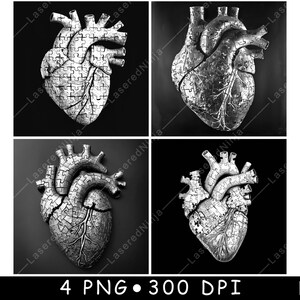 May include: Four black and white images of a human heart, each depicted as a puzzle. The images are arranged in a grid.