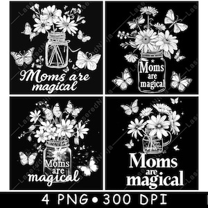 Las mamás son flores mágicas Margaritas Mariposas Tarro de albañil Regalo Archivo láser Posavasos Grabar Escala de grises Pizarra Imagen PNG Grabar Blanco y negro Grabado CO2 Cnc
