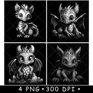 Könnte beinhalten: Vier Schwarzweiß-Digitalillustrationen von niedlichen Baby-Drachen mit Flügeln. Jeder Drache hat eine andere Pose und einen anderen Ausdruck.