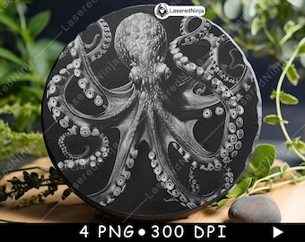 Octopus Sea Creature Tentacles Bundle Black White PNG Ocean Animal Laser Engraving Design Decor