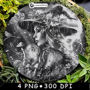 Schöne Hexe Natur Pflanzen fliegende Vögel Eule Wald Laser Untersetzer brennen Graustufen Schiefer PNG Bild gravieren schwarz weiß Etch CO2 Cnc