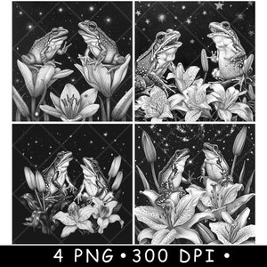 Twee kleine kikkers zingen bloemtop amfibie pad lelies laserbestand onderzetter branden grijstinten leisteen png-afbeelding graveren zwart wit etsen CO2 cnc