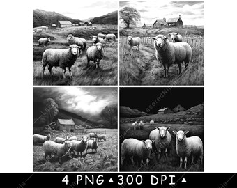 Può includere: Un set di quattro illustrazioni digitali in bianco e nero raffiguranti pecore al pascolo in paesaggi agricoli rurali con fienili e colline. Il testo in basso recita 4 PNG 300 DPI. Ogni riquadro mostra una scena diversa di bestiame nei campi.