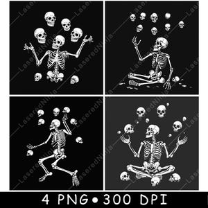 May include: Four digital illustrations of skeletons juggling skulls on a black background. Each skeleton is in a different pose, and the skulls are scattered around them.