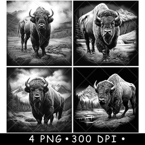 Bisonte, búfalo, toro, montaña, paisaje, naturaleza, animal, escena, archivo láser, posavasos, quemar, escala de grises, pizarra, imagen PNG, grabar, negro, blanco, grabado, CO2, CNC