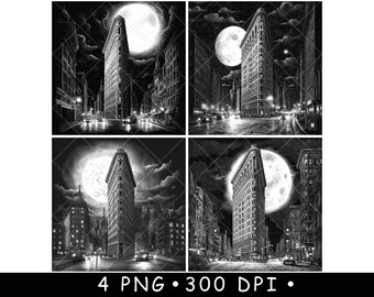 Pode incluir: Um conjunto de quatro ilustrações digitais a preto e branco com o Flatiron Building em Nova Iorque à noite sob uma lua cheia. As imagens mostram ruas da cidade com carros e candeeiros. O texto na parte inferior diz 4 PNG 300 DPI.