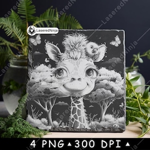Bébé girafe oiseaux papillons dessin animé mignon animal de safari fichier laser sous-bock graver en niveaux de gris ardoise image PNG graver noir blanc gravure CO2 Cnc