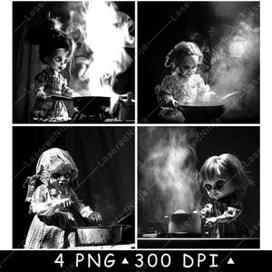 May include: A black and white digital art print featuring four panels of creepy dolls cooking. Each doll is in a different cooking scene, with steam rising from pots and pans. The dolls have unsettling expressions and are dressed in vintage clothing.