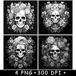Schädel Blumen Blumen Rosen Skelett Knochen Tod Halloween Laser Untersetzer Brennen Graustufen Schiefer PNG Bild gravieren schwarz weiß Etch CO2 Cnc