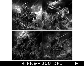 Death Rider Dark Cavalry Apocalyptic Horseman Black White PNG Bundle Laser Engraving Design Art