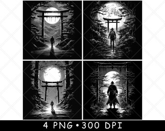 Samurai Torii Gate Giapponese Sacro Ninja Assassino Gateway Sottobicchiere Laser Brucia in scala di grigi Immagine PNG Incidere File in bianco e nero Slate Etch CO2 Cnc