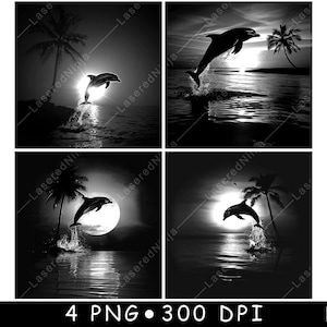 Strandszene Sonnenuntergang Delfinsprung Tropischer Ozean Palme Laserdatei Untersetzer Brennen Graustufen Schiefer PNG Bild gravieren schwarz weiß Etch CO2 Cnc