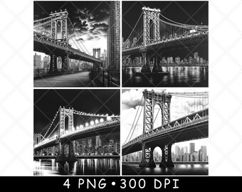 May include: Four black and white images of the Brooklyn Bridge in New York City. The bridge is shown from different angles and perspectives. The images are high-resolution and perfect for printing.