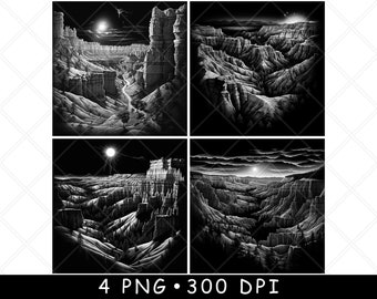 May include: Four black and white digital illustrations of a canyon landscape with a moon or sun in the sky. The illustrations are in a square format.