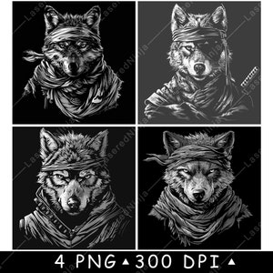 May include: A set of four black and white digital illustrations featuring wolf heads wearing headbands and scarves. Each wolf has a distinct expression and attire, including one with an eye patch and a sword hilt visible. The text 4 PNG 300 DPI is at the bottom.