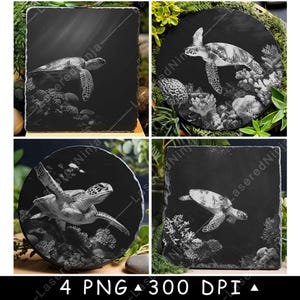 Tortue verte sous-marine Récifs de corail créature aquatique fichier laser sous-verre graver en niveaux de gris ardoise image PNG graver noir blanc gravure CO2 Cnc