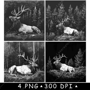 Couché au repos wapiti taureau wapiti cerf arbres de la forêt fichier laser sous-verre graver en niveaux de gris ardoise image PNG graver noir blanc gravure CO2 Cnc
