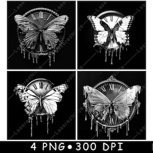 Vintage Clock Butterfly Dark Gothic Transformation Drips Laser File Coaster Burn Grayscale Slate PNG Image Engrave Black White Etch CO2 Cnc